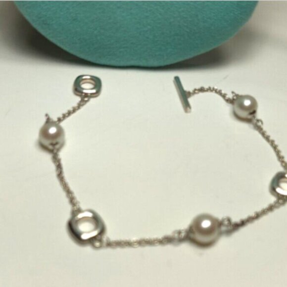 Vintage Tiffany &Co Akoya Pearls Cushion Toggle Silver Bracelet 7" Rare - Picture 3 of 10